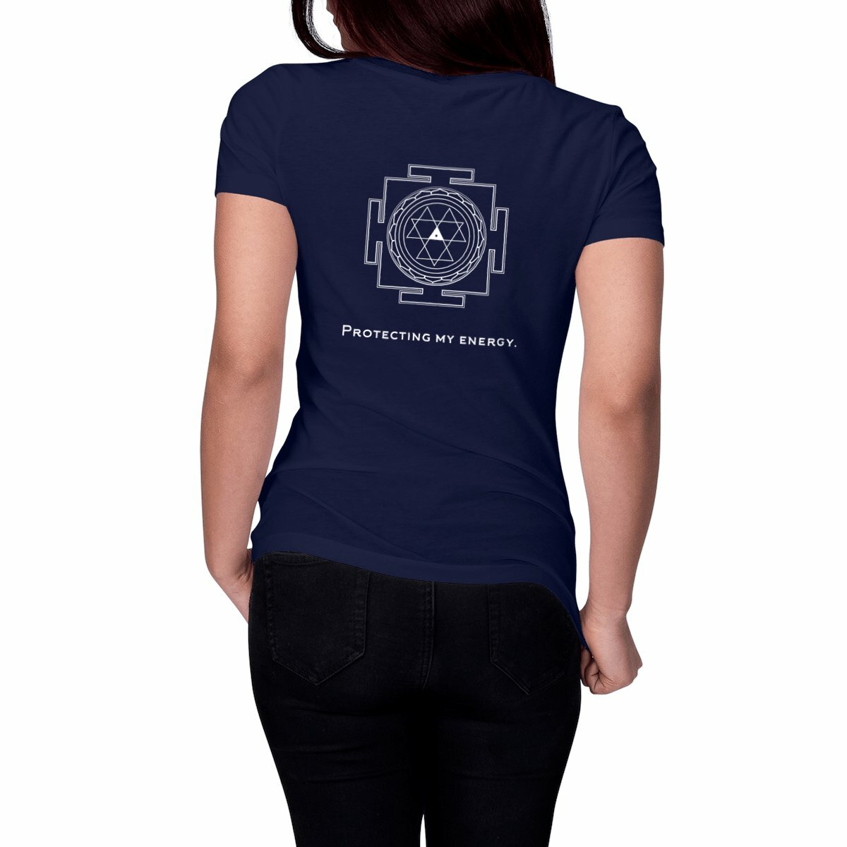tshirt femme bleu marine protection énergétique ancrage yantra durga symbole indien vibratoire géométrie sacrée