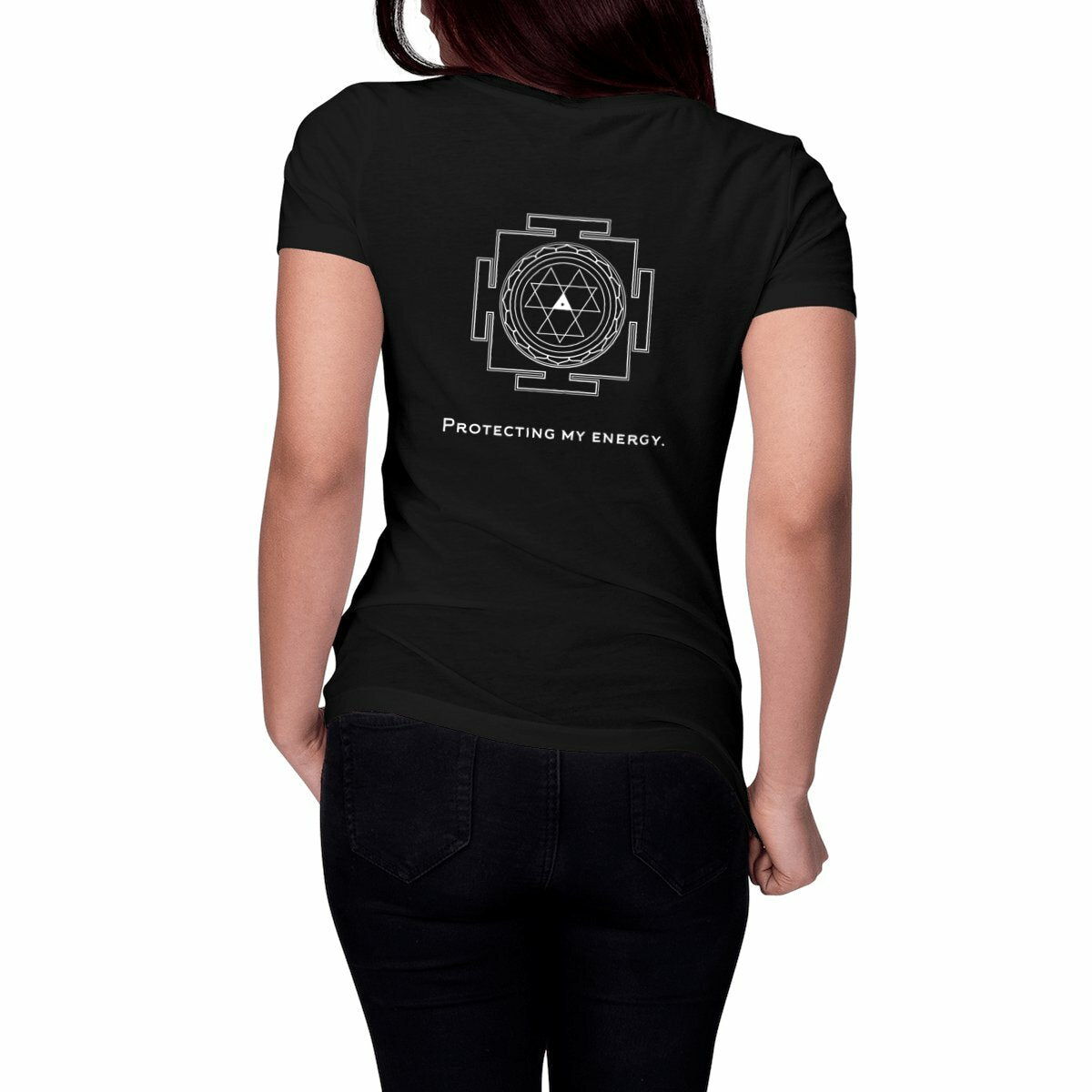 tshirt femme noir protection énergétique ancrage yantra durga symbole indien vibratoire géométrie sacrée