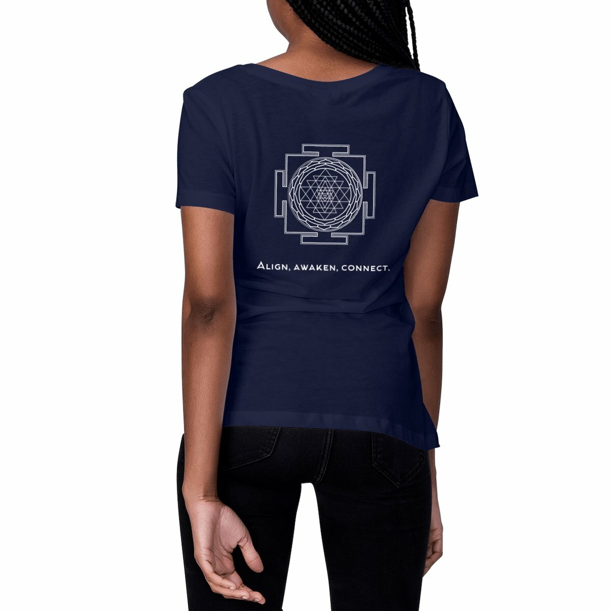 tshirt femme bleu marine protection énergétique ancrage équilibre sri yantra symbole indien vibratoire géométrie sacrée