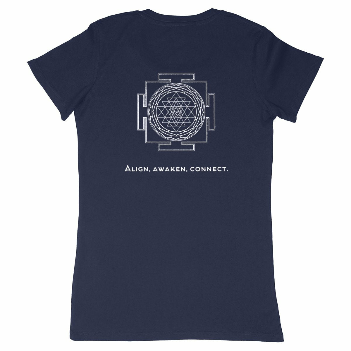 tshirt femme bleu marine protection énergétique ancrage équilibre sri yantra symbole indien vibratoire géométrie sacrée