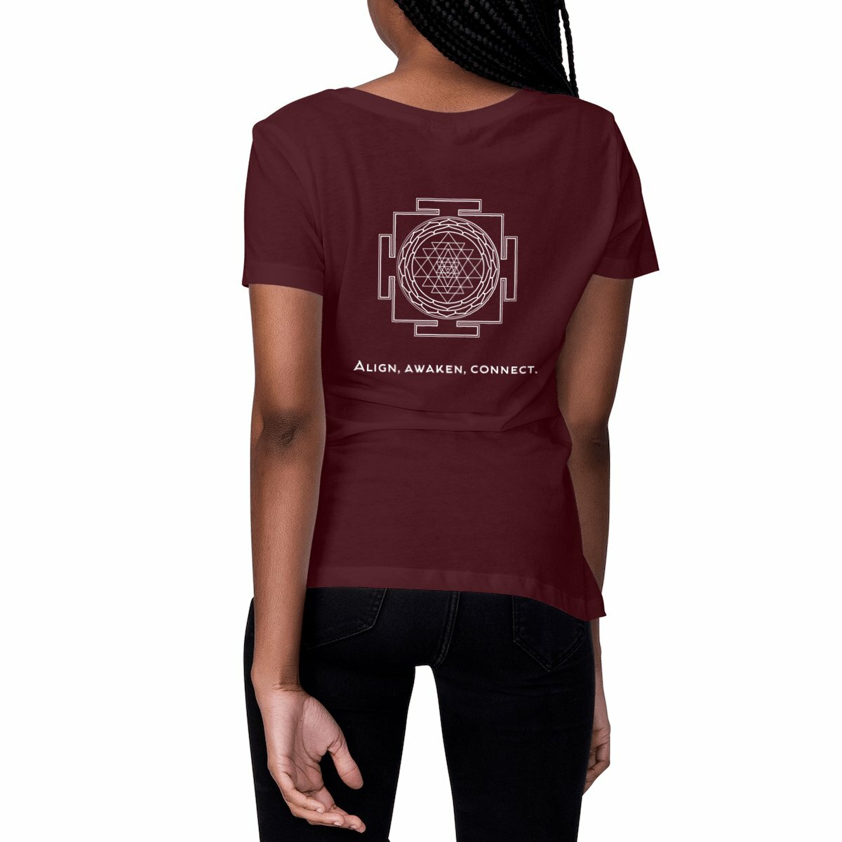tshirt femme bordeaux protection énergétique ancrage équilibre sri yantra symbole indien vibratoire géométrie sacrée