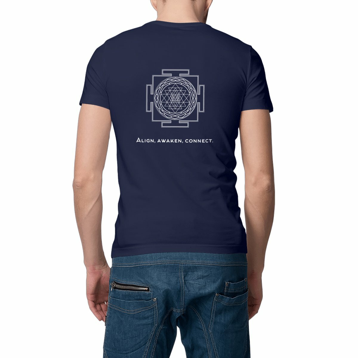tshirt homme bleu marine protection énergétique ancrage équilibre sri yantra symbole indien vibratoire géométrie sacrée