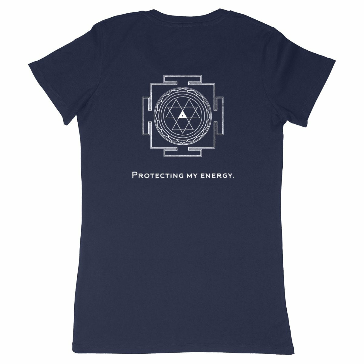tshirt femme bleu marine protection énergétique ancrage yantra durga symbole indien vibratoire géométrie sacrée